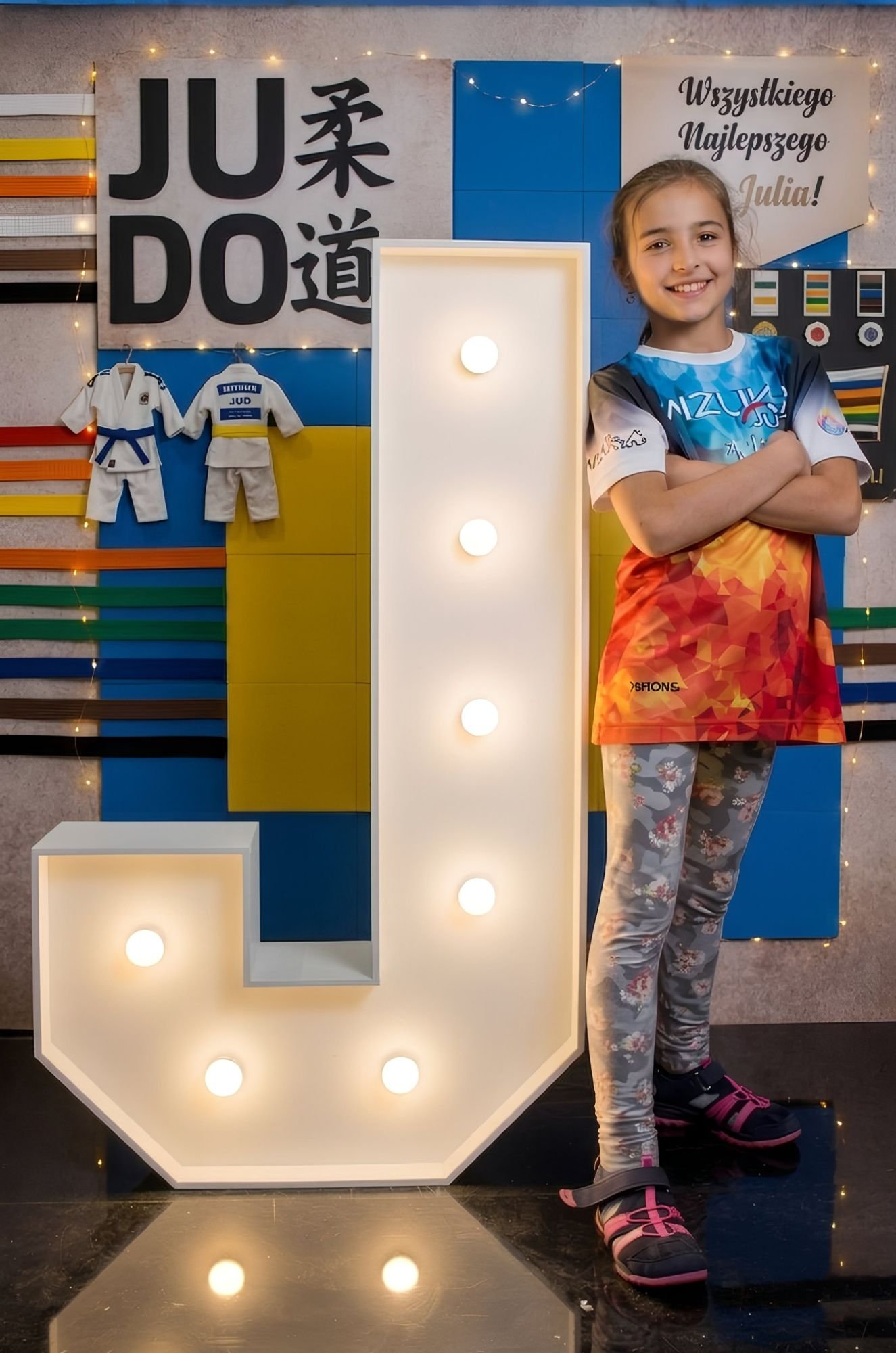 Podświetlana litera J LED na 10. urodziny w stylu judo &ndash; dekoracja urodzinowa dla Julii