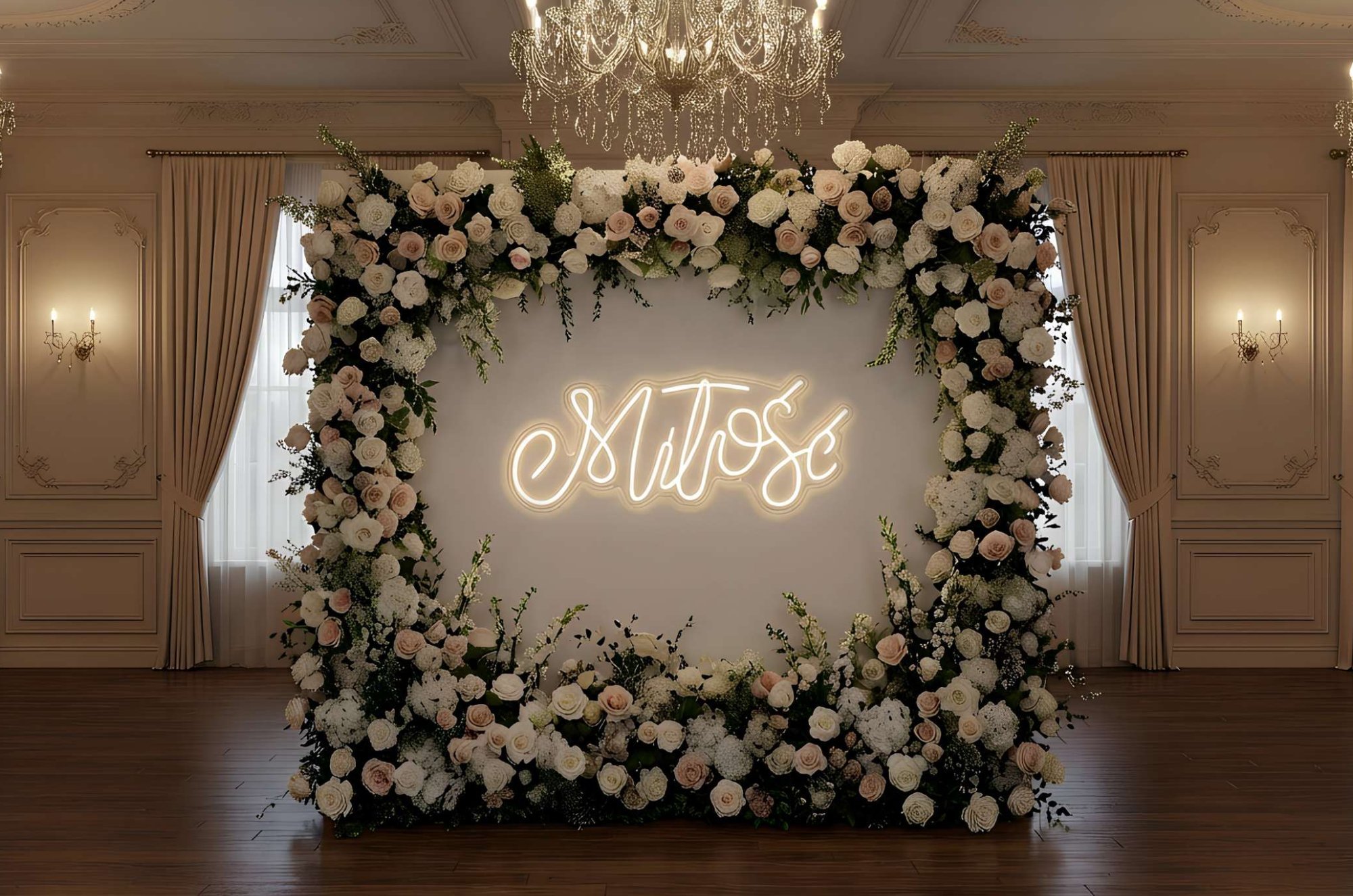 Neon &bdquo;Miłość&rdquo; &ndash; biały napis LED na wynajem, dekoracja weselna do ścianki fotograficznej