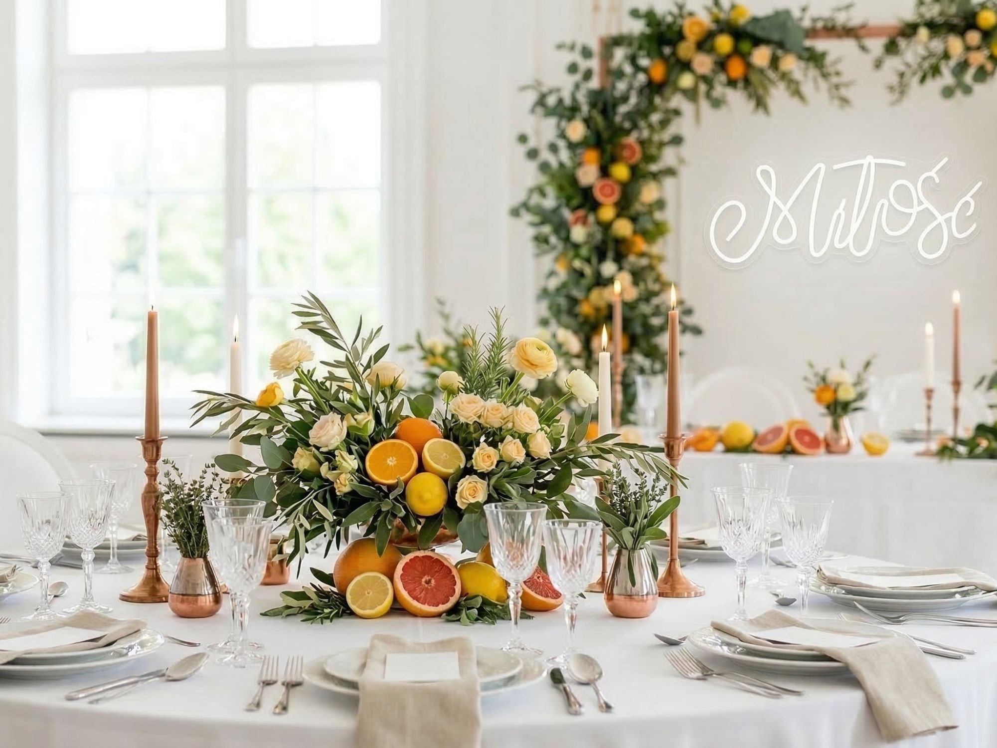 Ikebana weselna, dekoracje z owoc&oacute;w i zi&oacute;ł, neon weselny, napis miłość, wypożyczalnia dekoracji