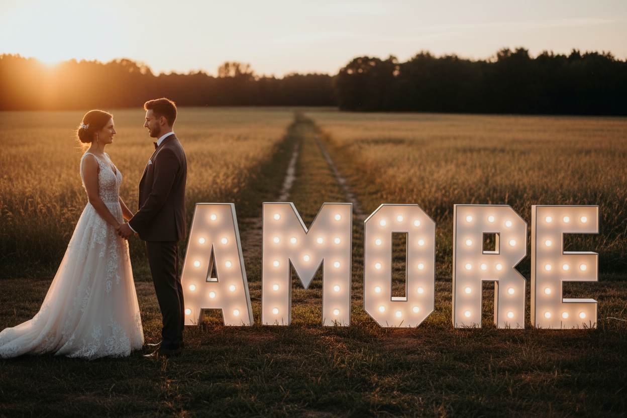 Żar&oacute;wkowe AMORE, litery do wynajęcia na wesele, zaręczyny, walentynki, romantyczna dekoracja