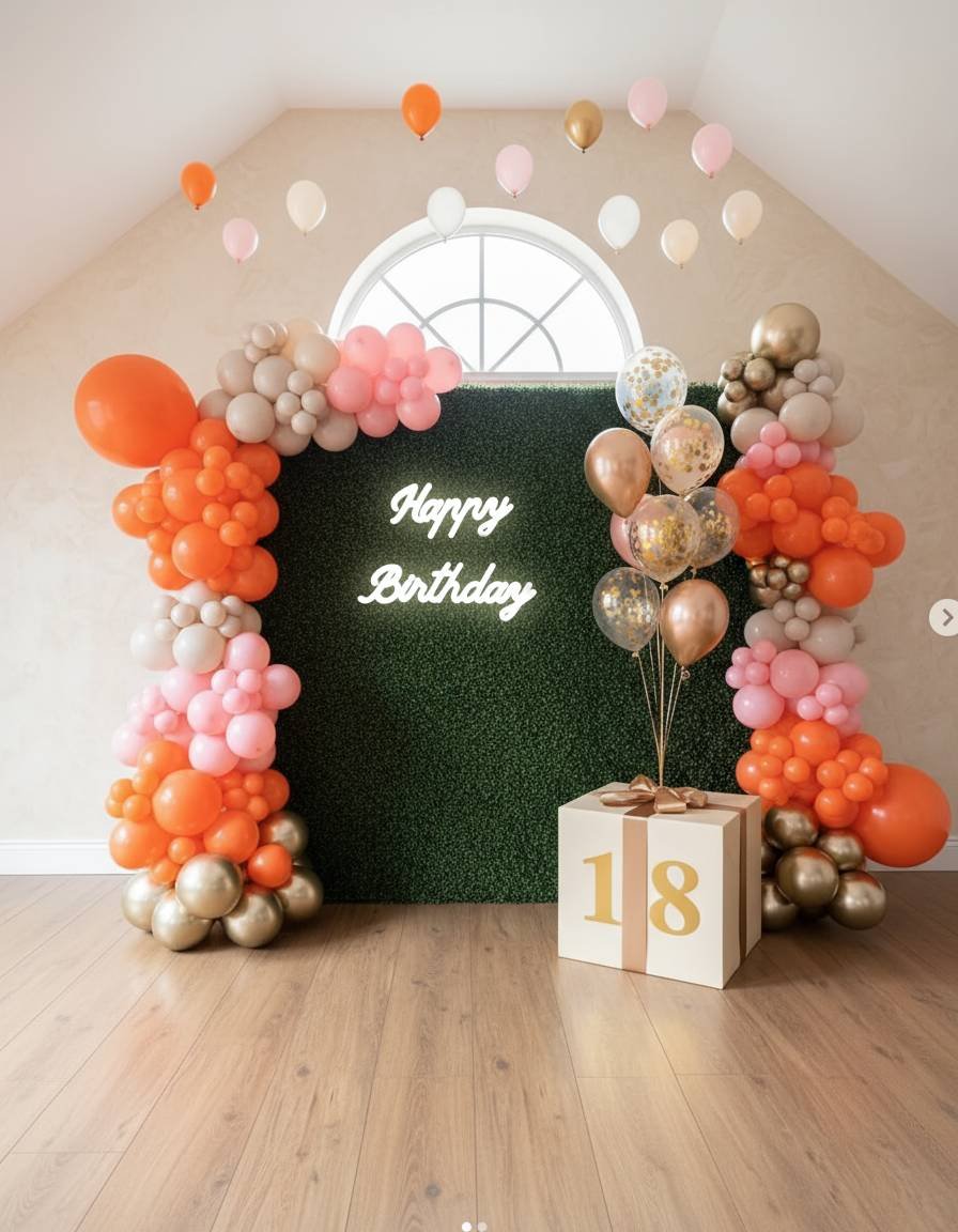 Ścianka bukszpanowa na 18 urodziny – aranżacja z balonami i prezentem