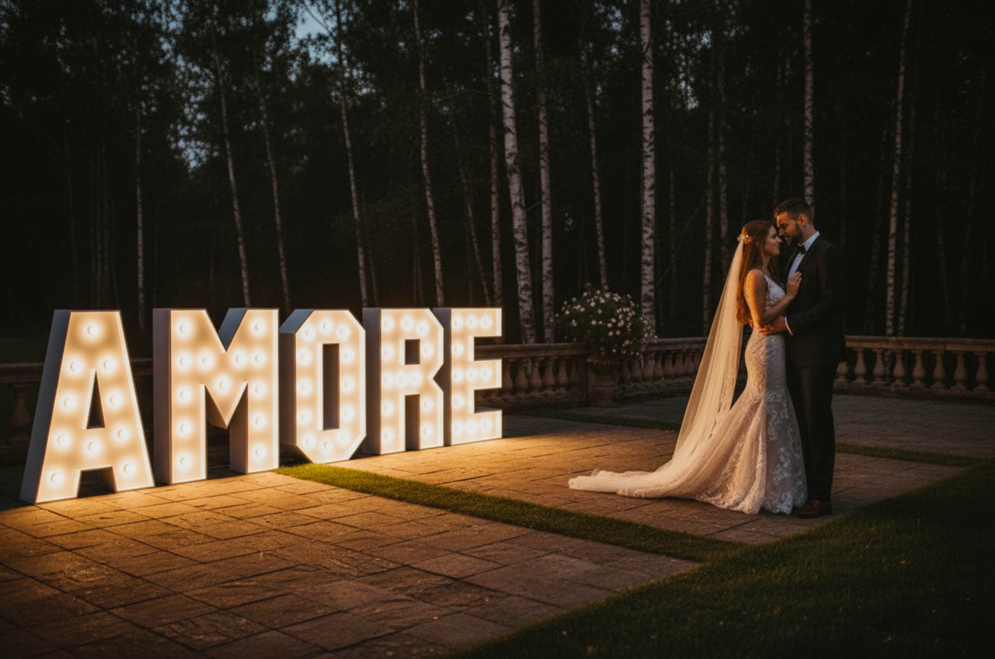 AMORE na tarasie &ndash; ciepłe litery LED tworzą strefę chilloutu; wynajem napisu na wesele i zareczyny