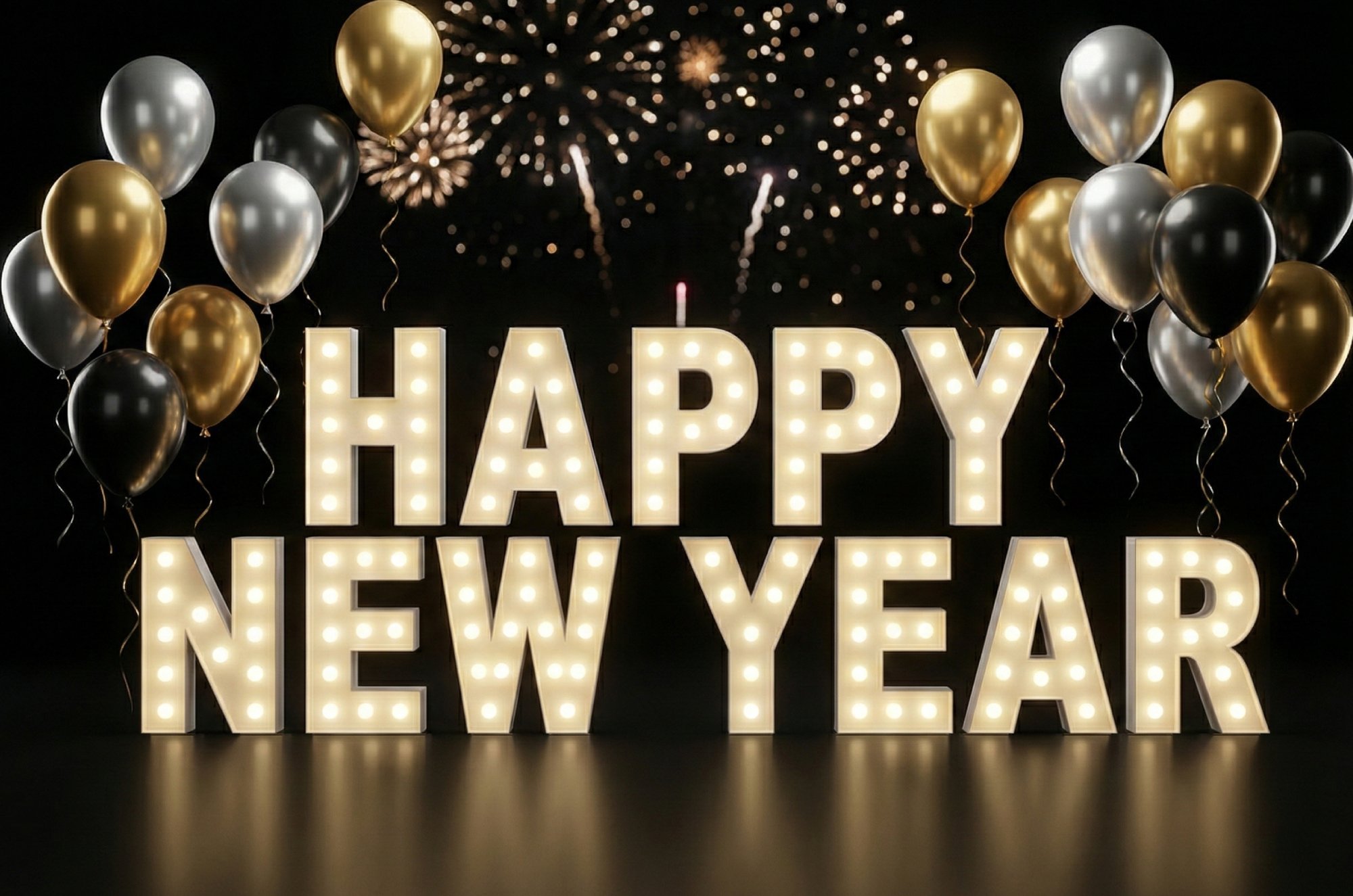 Świetlna dekoracja na Sylwestra, litery HAPPY NEW YEAR na bal noworoczny