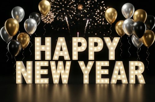 Świetlna dekoracja na Sylwestra, litery HAPPY NEW YEAR na bal noworoczny